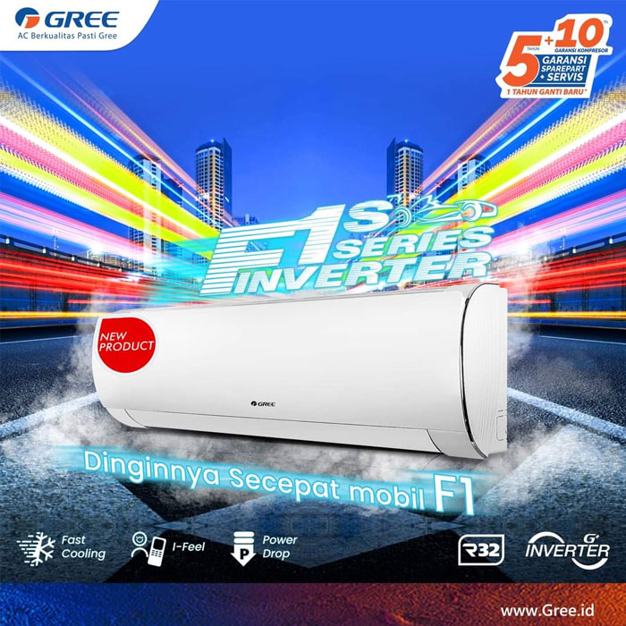 Gree AC Split ( AC Dinding ) Inverter G+ F1S Series 0.5 PK ( 1/2 PK ) R32 325 Watt - GWC-05F1S | GWC05F1S | 05F1 S